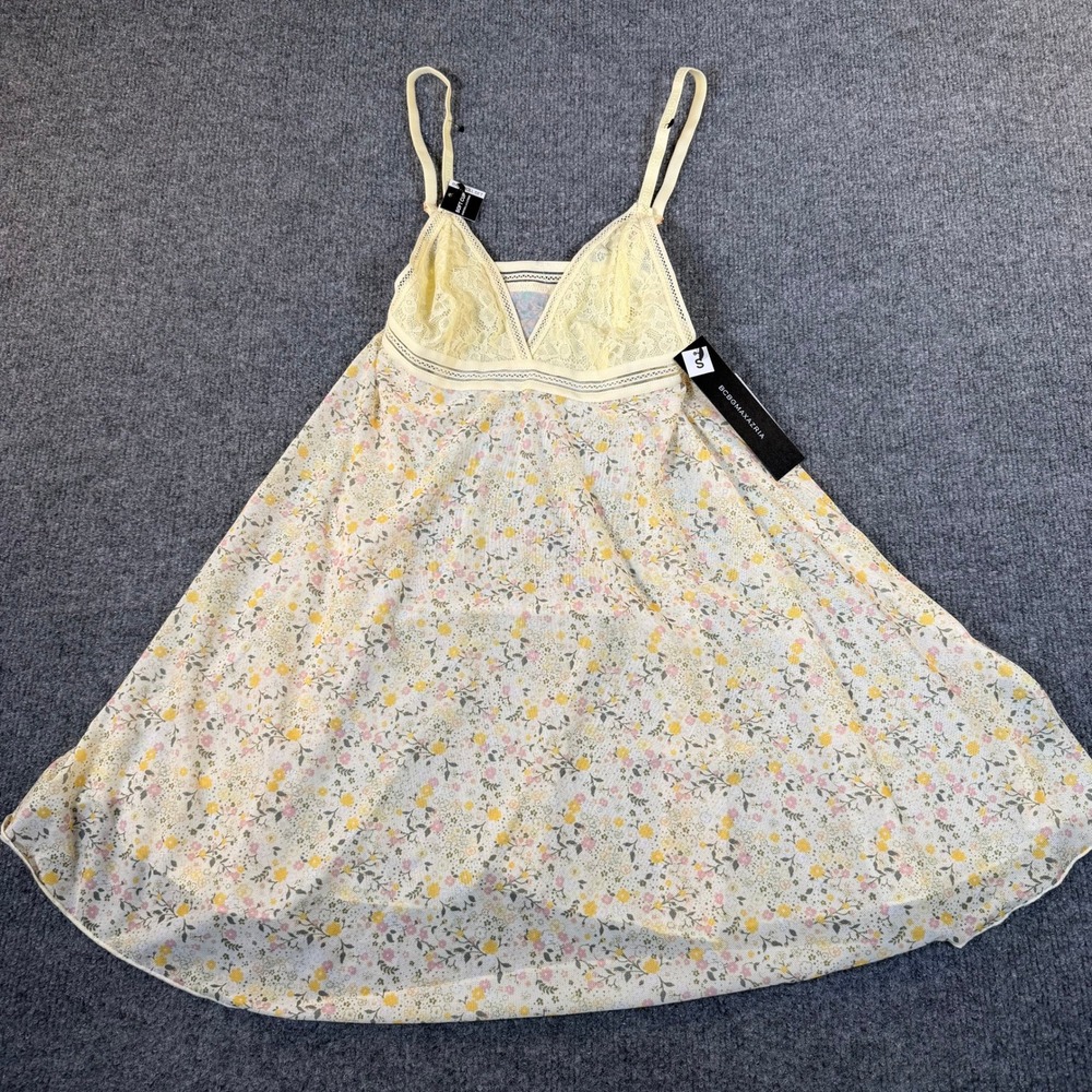 BCBGMAXAZRIA Flower Floral Mesh Lace Trim Babydoll Chemise Yellow Small WK8884